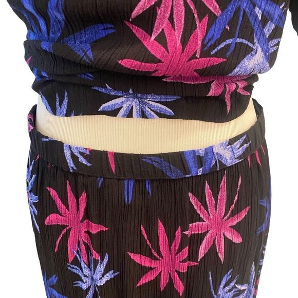 Vintage Two Piece Tropical Floral Black Vacation Button Front Fo Slit Maxi Dress - Picture 7 of 10